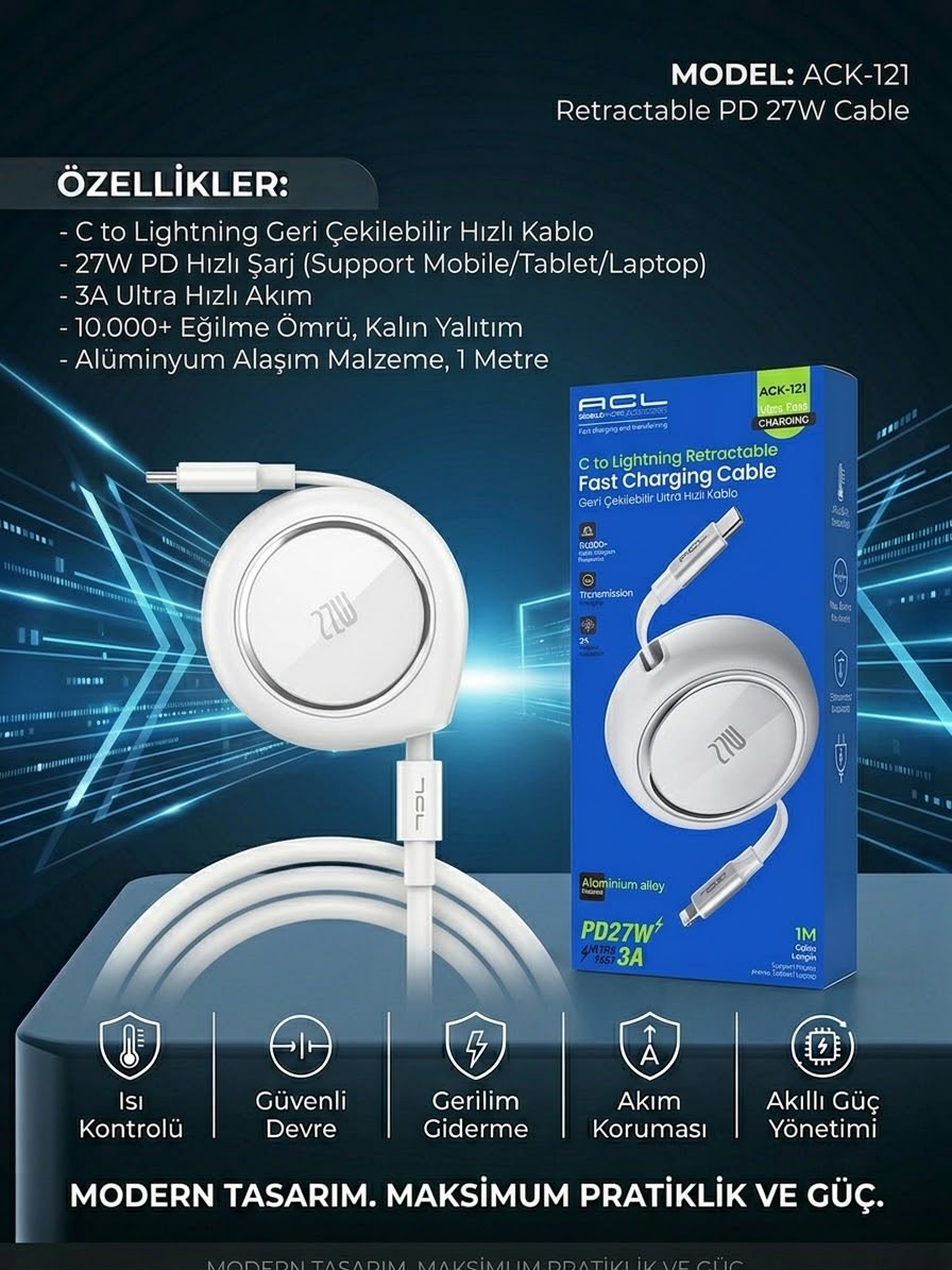 27W 3A Geri Çekilebilir (Retractable) Type-C to Lightning Hızlı Şarj ve Veri Kablosu (1 Metre) 27W 3A Geri Çekilebilir (Retractable) Type-C to Lightning Hızlı Şarj ve Veri Kablosu (1 Metre)