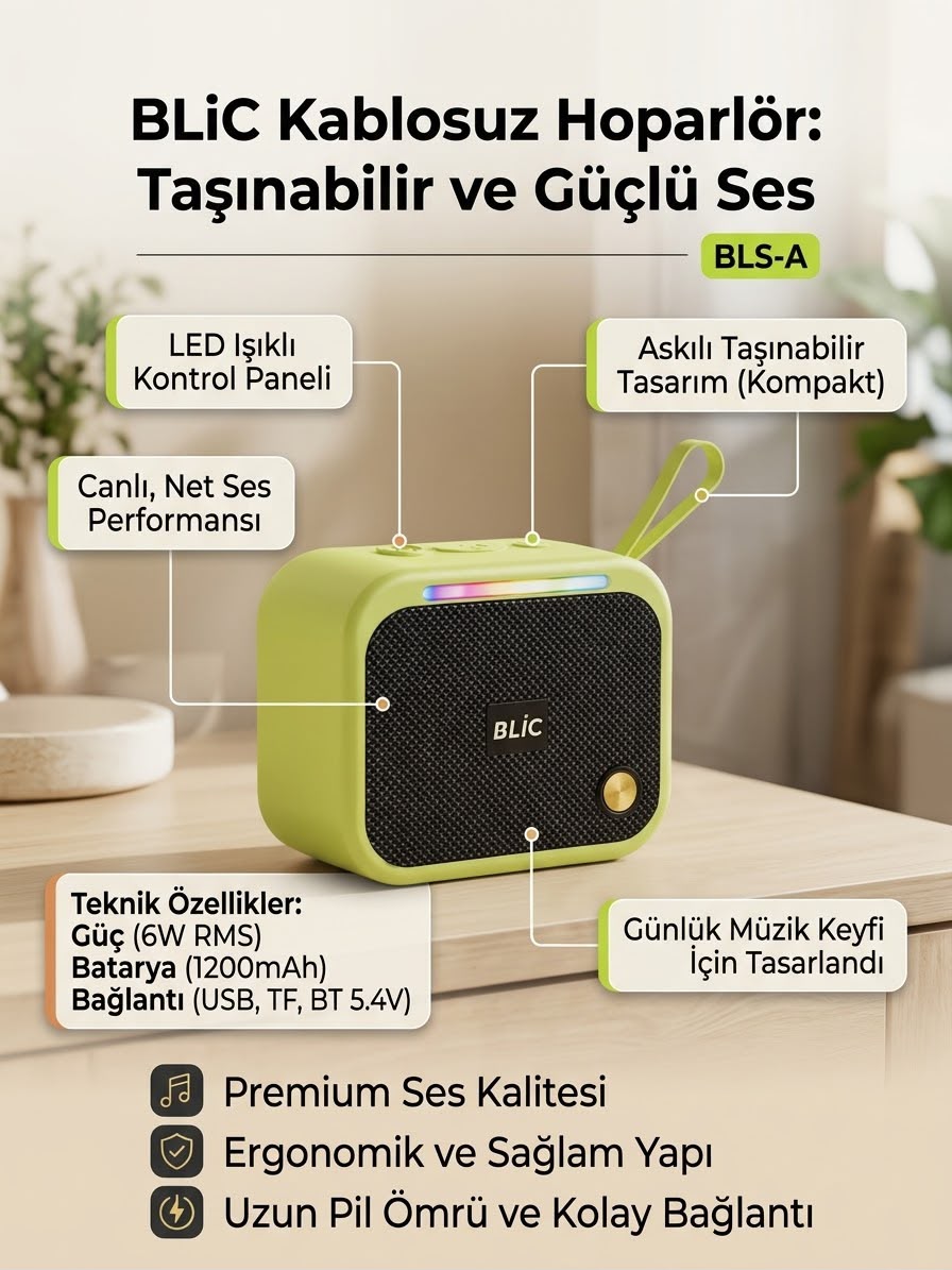 6W RMS Bluetooth 5.4 Taşınabilir Kablosuz Hoparlör 6W RMS Bluetooth 5.4 Taşınabilir Kablosuz Hoparlör