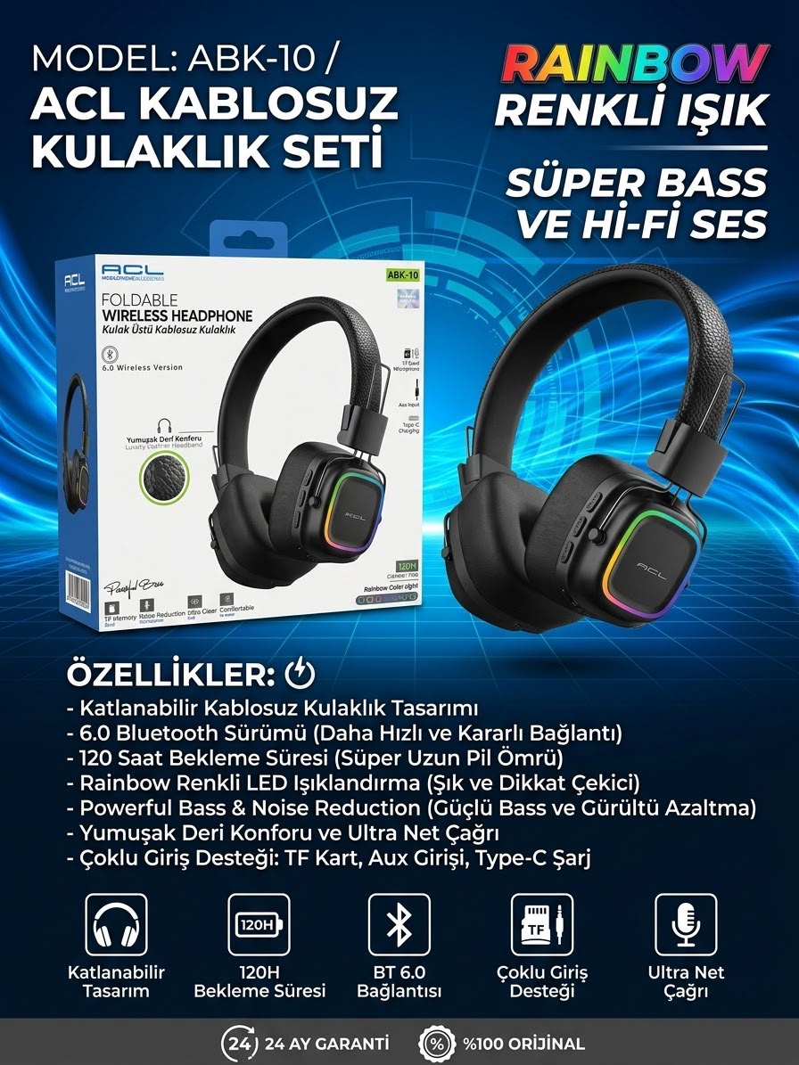 ABK-10 Rainbow Renkli Işıklı Kablosuz Kulaklık Seti ABK-10 Rainbow Renkli Işıklı Kablosuz Kulaklık Seti