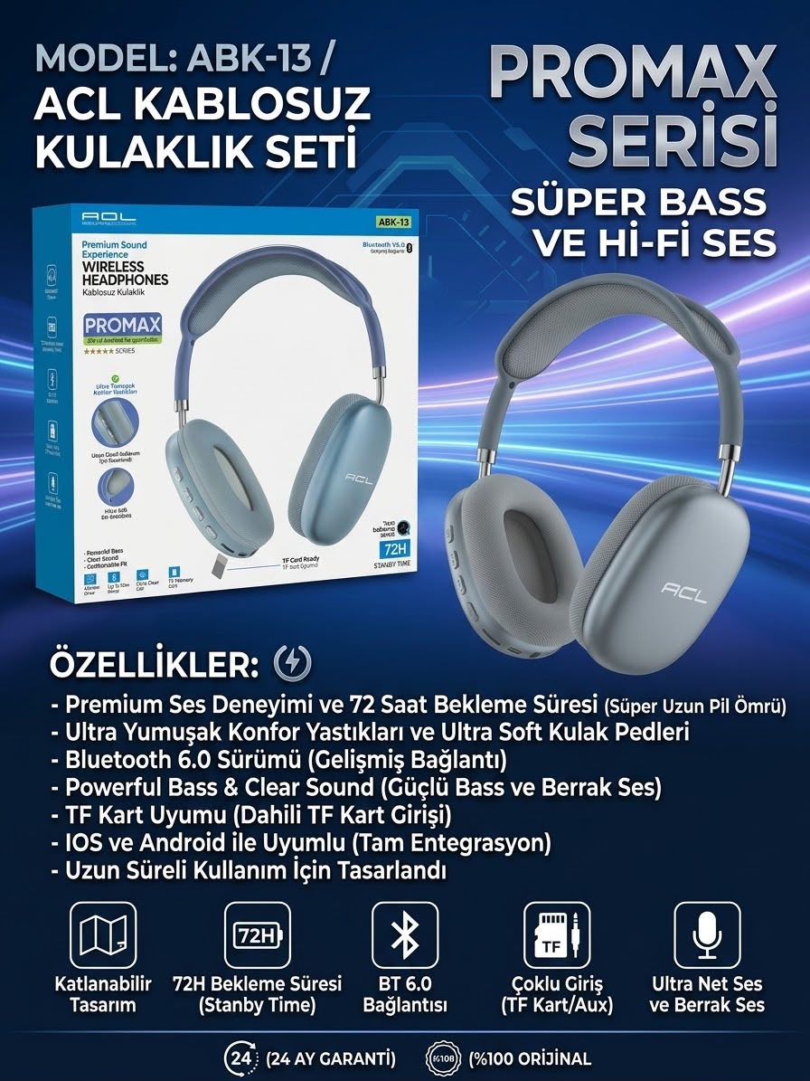 ACL ABK-13 Promax Kablosuz Bluetooth 6.0 Kulak Üstü Kulaklık ACL ABK-13 Promax Kablosuz Bluetooth 6.0 Kulak Üstü Kulaklık