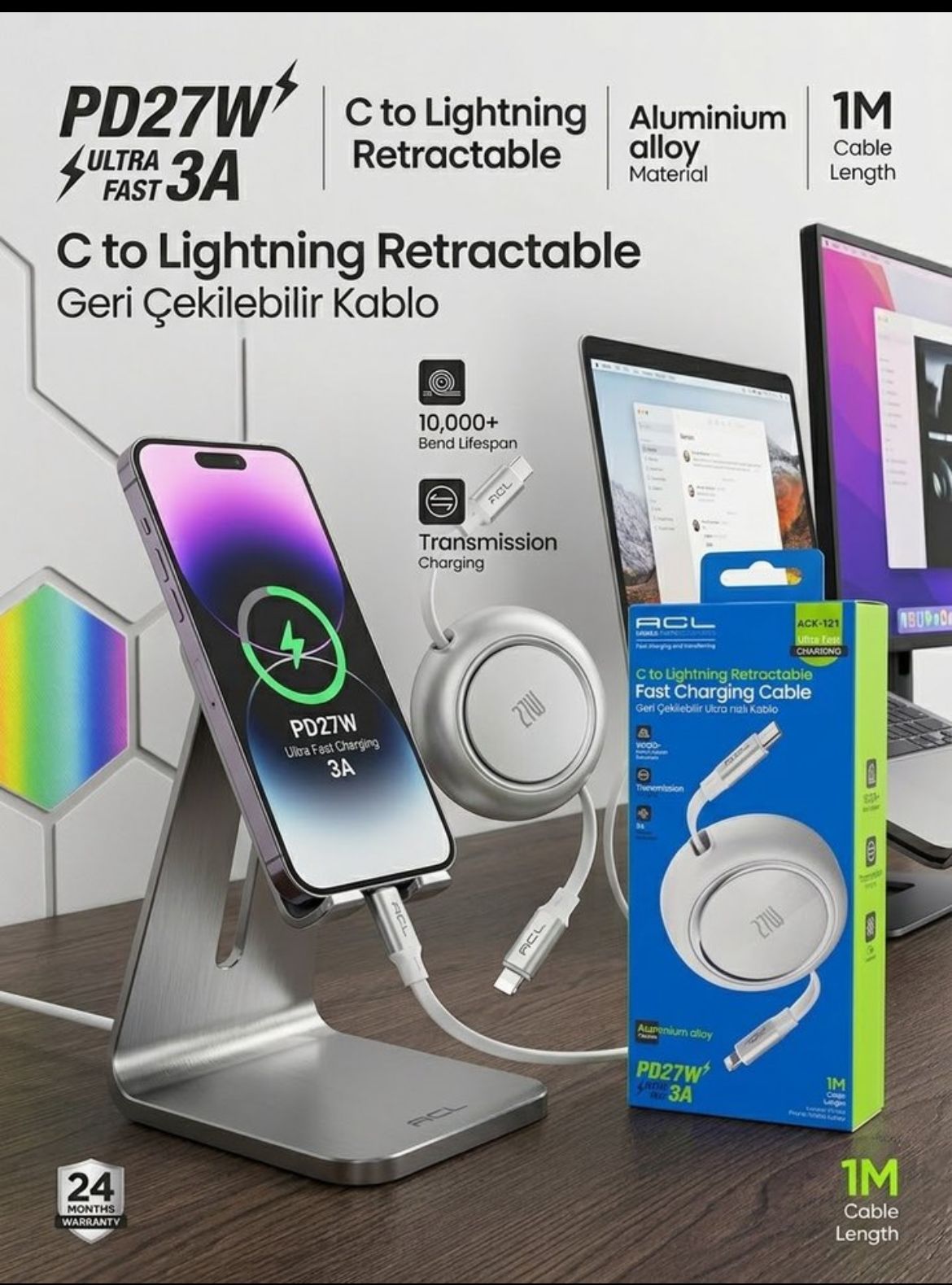ACL ACK-121: 27W PD Geri Çekilebilir Type-C Lightning Kablo ACL ACK-121: 27W PD Geri Çekilebilir Type-C Lightning Kablo