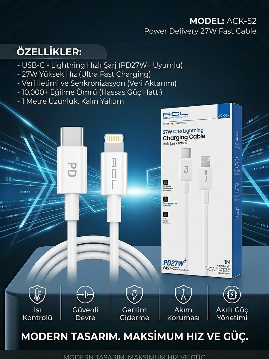 ACL ACK-52: 27W PD Hızlı Şarj USB-C to Lightning Kablo ACL ACK-52: 27W PD Hızlı Şarj USB-C to Lightning Kablo