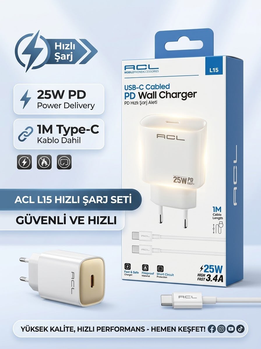 ACL L15 25W PD Hızlı Şarj Cihazı + 1m Type-C Kablo Seti ACL L15 25W PD Hızlı Şarj Cihazı + 1m Type-C Kablo Seti