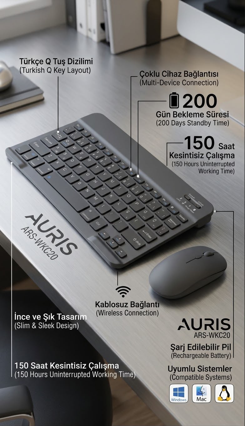 ARS-WKC20 Kablosuz Bluetooth Klavye ve Fare Seti ARS-WKC20 Kablosuz Bluetooth Klavye ve Fare Seti