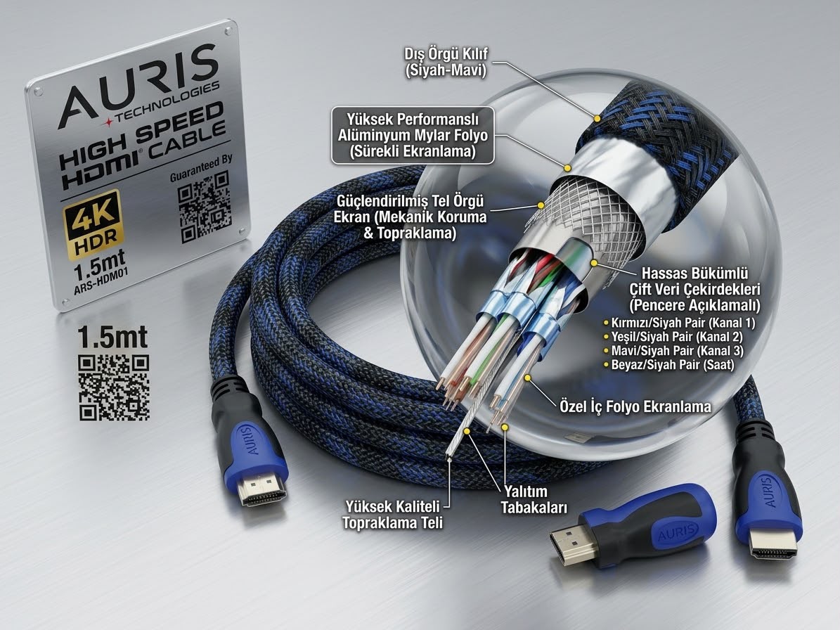 Auris ARS-HDMI01 4K HDR High Speed Örgülü HDMI Kablo – 1.5 Metre Auris ARS-HDMI01 4K HDR High Speed Örgülü HDMI Kablo – 1.5 Metre
