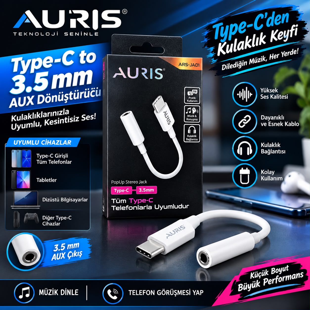 Auris ARS-JA01 Type-C 3.5 mm Kulaklık ve Ses Dönüştürücü Jak Auris ARS-JA01 Type-C 3.5 mm Kulaklık ve Ses Dönüştürücü Jak