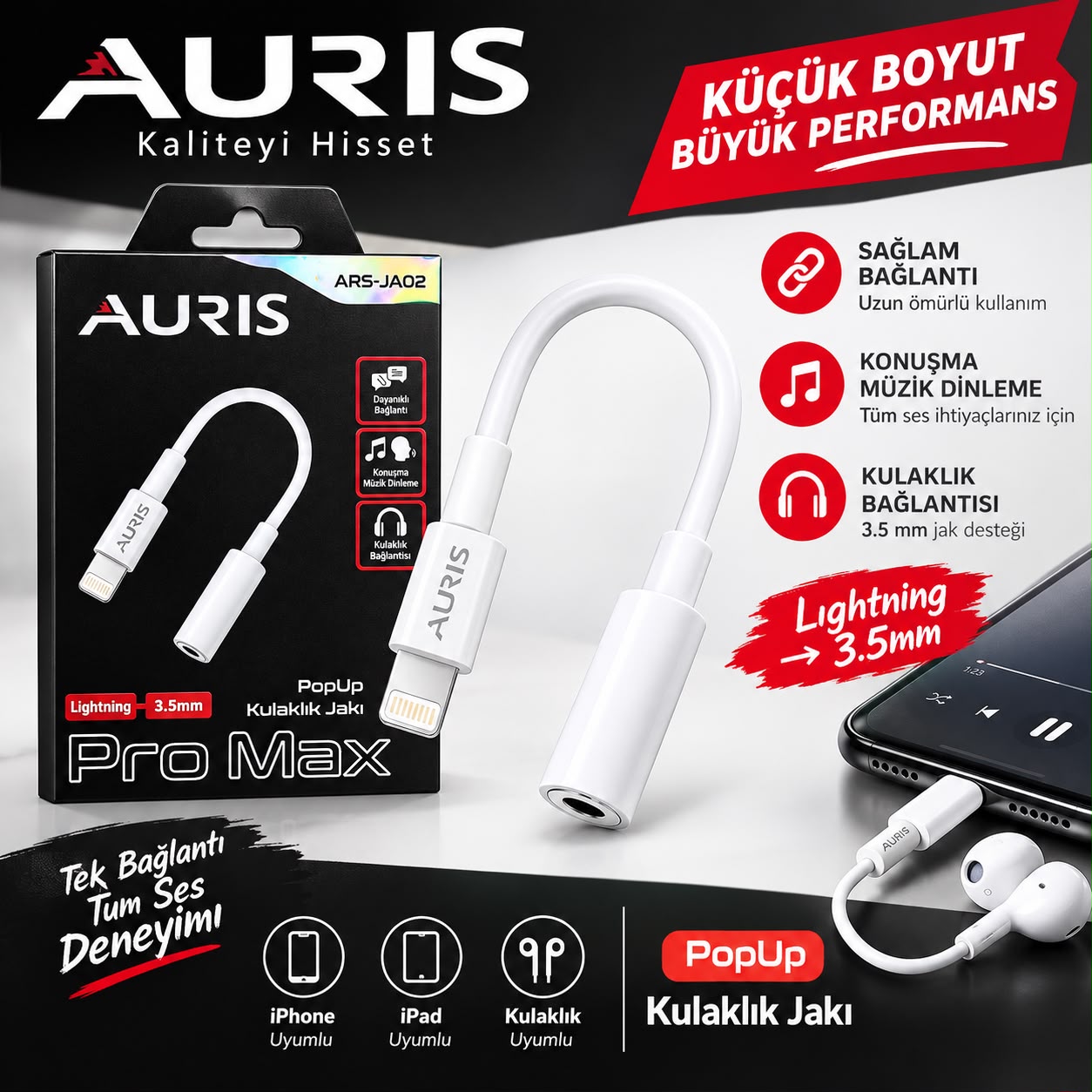 Auris ARS-JA02 Lightning 3.5 mm Kulaklık ve Ses Dönüştürücü Jak Auris ARS-JA02 Lightning 3.5 mm Kulaklık ve Ses Dönüştürücü Jak