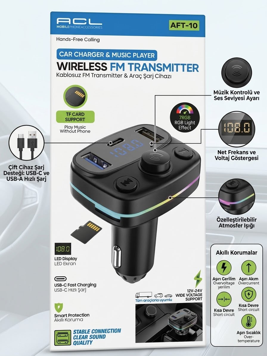 FM Transmitter ve Çift Çıkışlı Araç Şarj Kiti FM Transmitter ve Çift Çıkışlı Araç Şarj Kiti