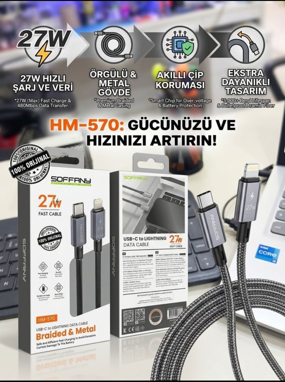 HM-570 27W Örgülü Type-C to Lightning Şarj Kablosu HM-570 27W Örgülü Type-C to Lightning Şarj Kablosu