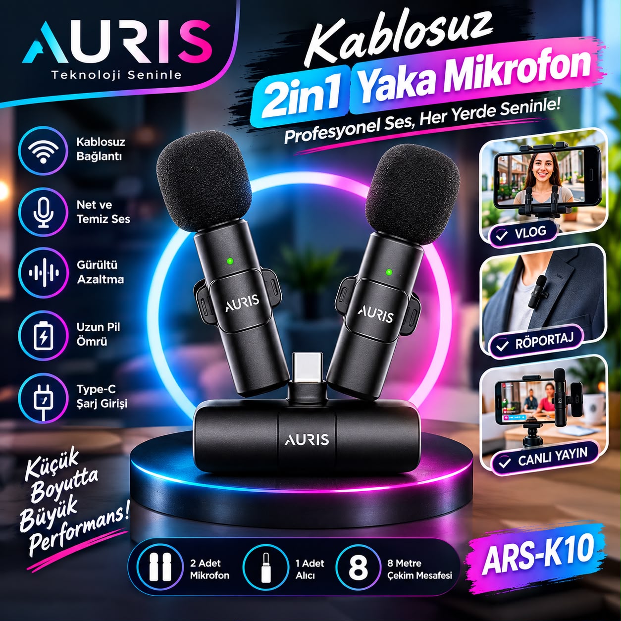 Kablosuz İkili Yaka Mikrofonu 2in1 Type-C Kablosuz İkili Yaka Mikrofonu 2in1 Type-C