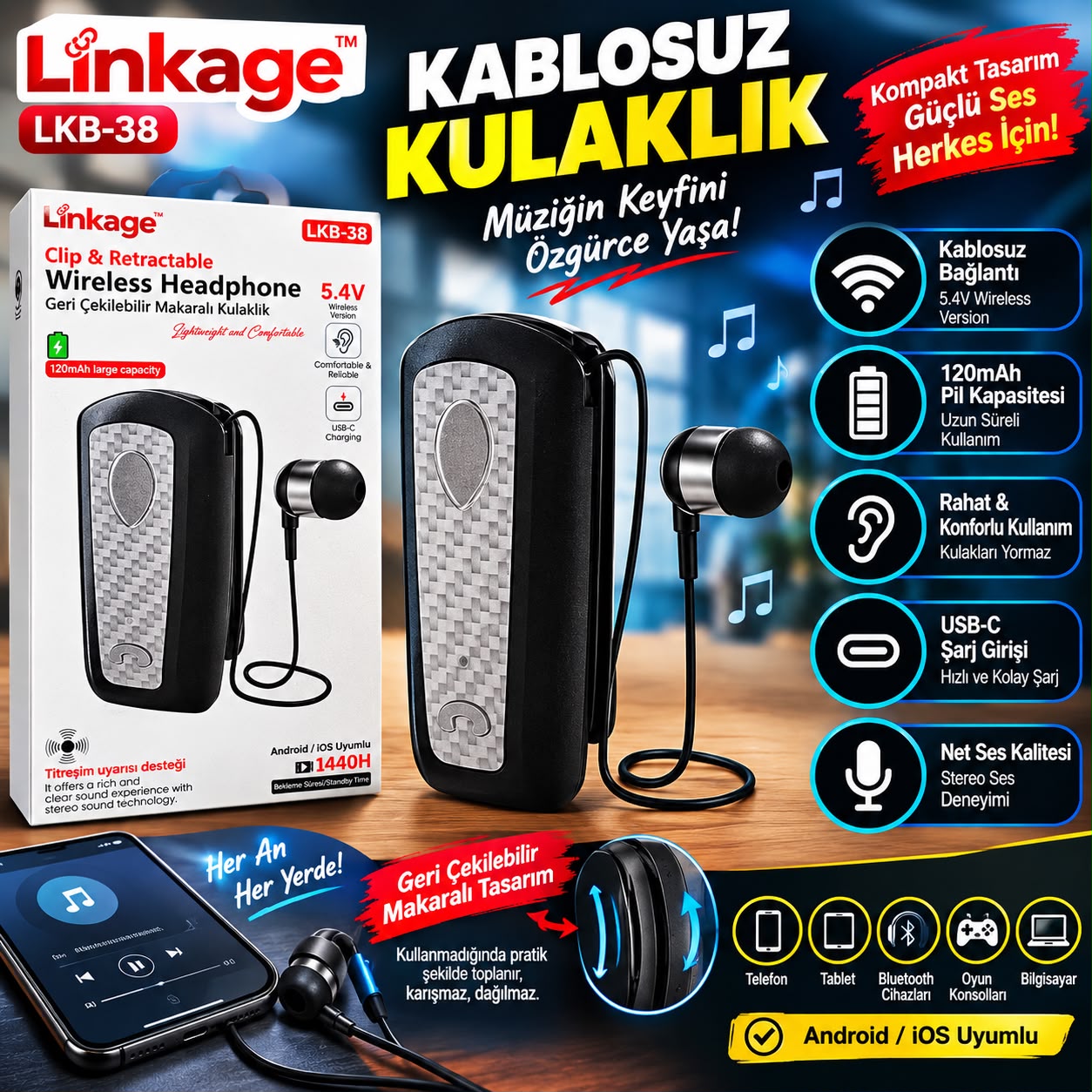 LKB-38 Makaralı Bluetooth Kulaklık LKB-38 Makaralı Bluetooth Kulaklık