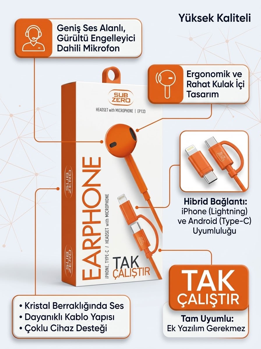 Mikrofonlu Tak Çalıştır iPhone & Android Uyumlu Kulaklık Mikrofonlu Tak Çalıştır iPhone & Android Uyumlu Kulaklık