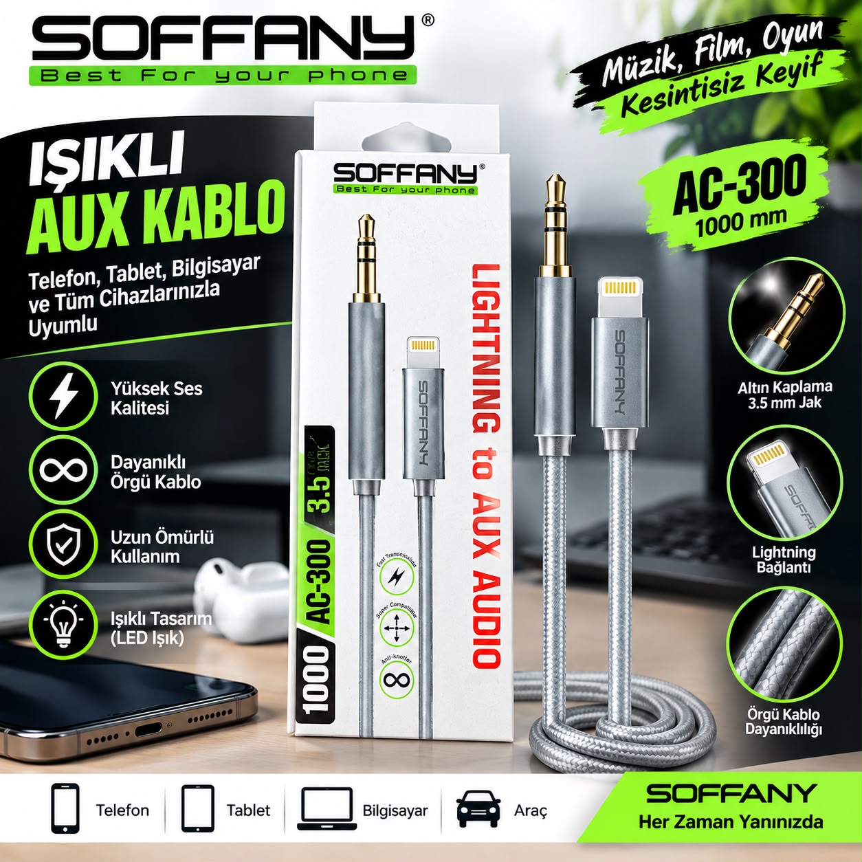 Soffany AC-300 Işıklı Hasır Örgü Lightning AUX Kablosu (1 Metre) Soffany AC-300 Işıklı Hasır Örgü Lightning AUX Kablosu (1 Metre)