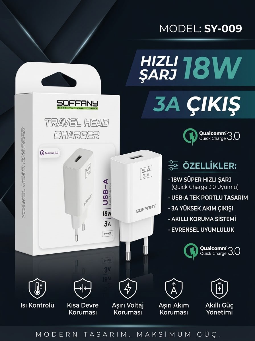 Soffany SY-009 18W Qualcomm 3.0 Hızlı Şarj Adaptörü (3A Çıkış) Soffany SY-009 18W Qualcomm 3.0 Hızlı Şarj Adaptörü (3A Çıkış)