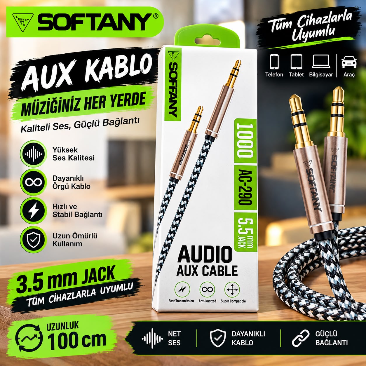 Softany AC-290 Hasır Örgü 3.5 mm AUX Kablosu (1 Metre) Softany AC-290 Hasır Örgü 3.5 mm AUX Kablosu (1 Metre)