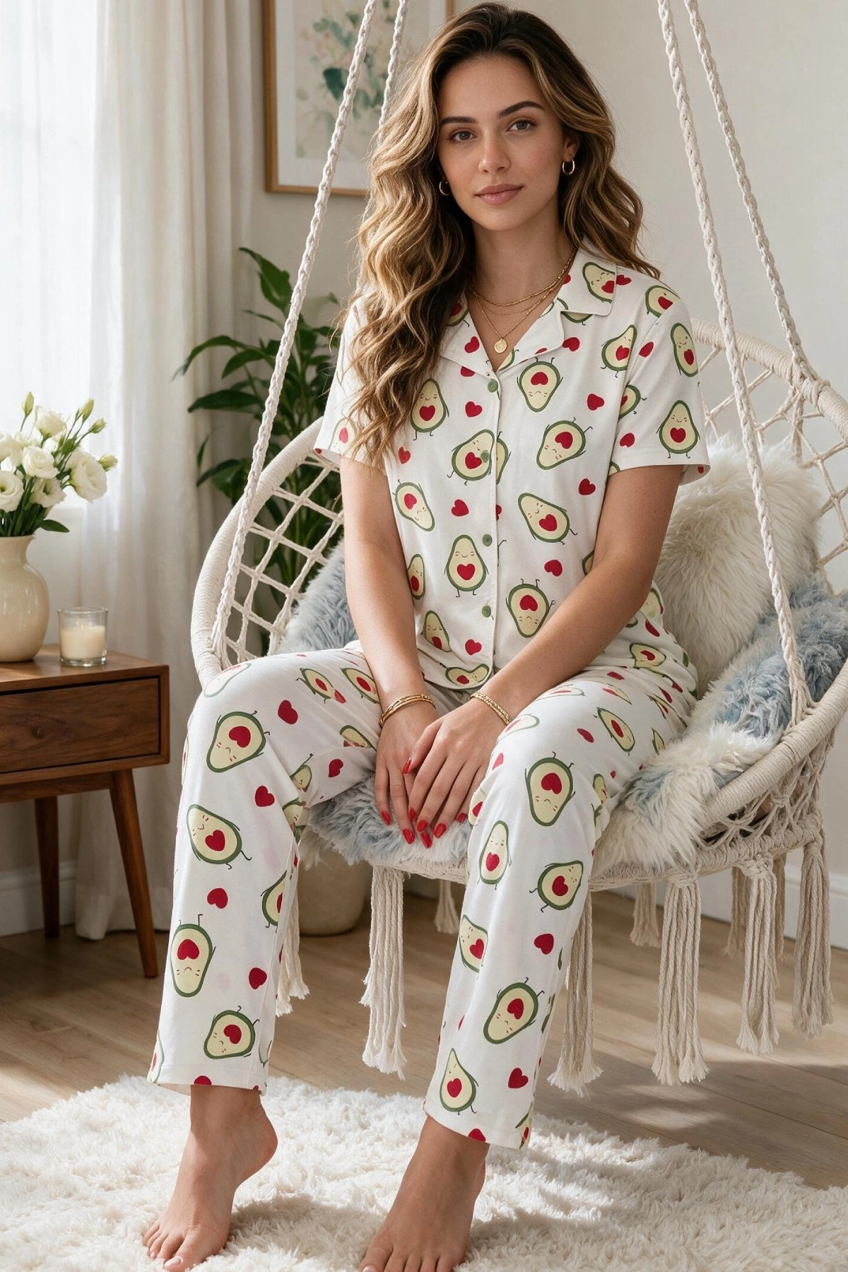 Avokado Desenli Kısa Kollu Gömlek Yaka Milan Kumaş Kadın Pijama Takımı Avokado Desenli Kısa Kollu Gömlek Yaka Milan Kumaş Kadın Pijama Takımı