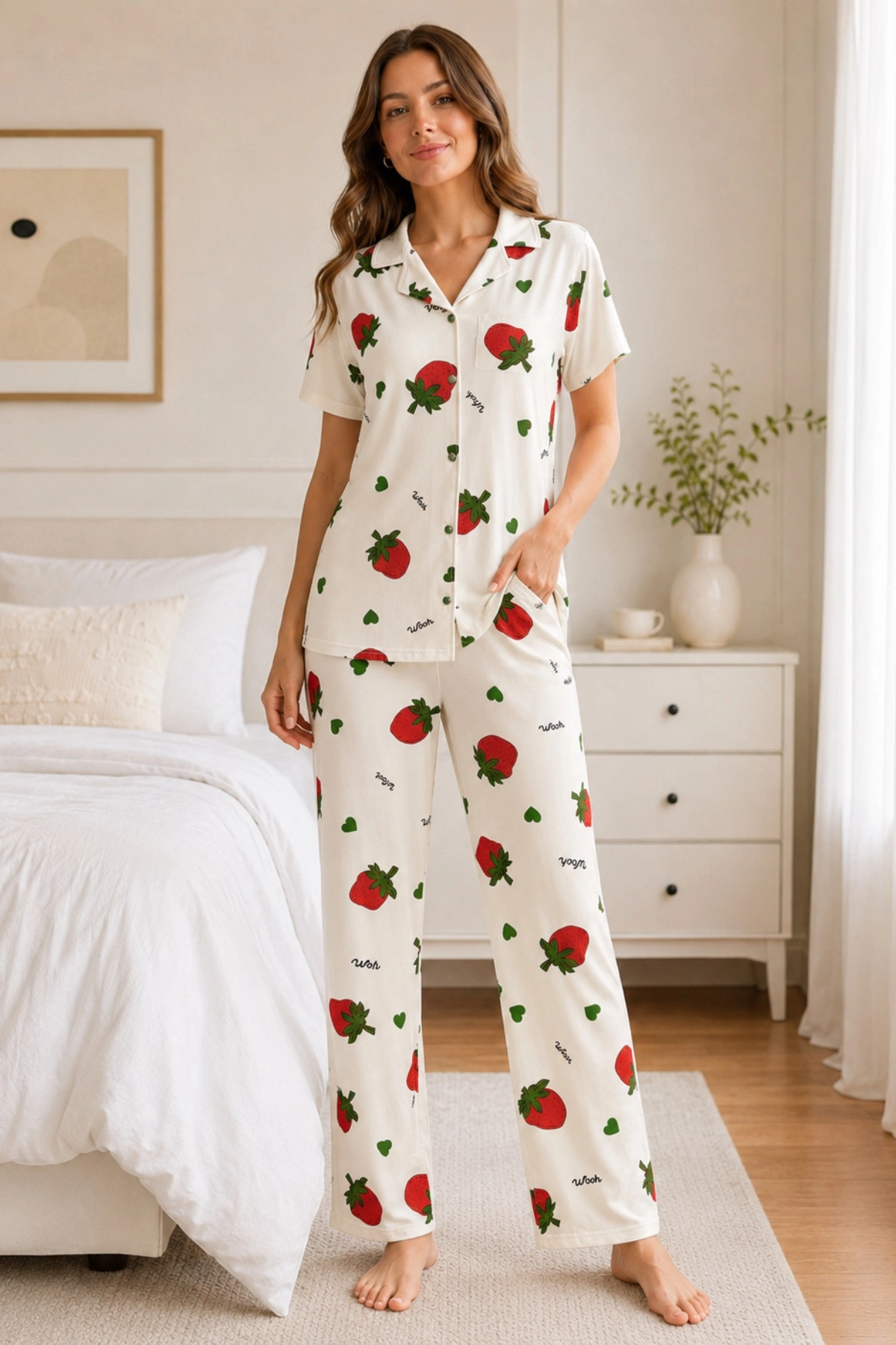 Ekru Çilek Desenli Kısa Kollu Gömlek Yaka Milan Kumaş Kadın Pijama Takımı Ekru Çilek Desenli Kısa Kollu Gömlek Yaka Milan Kumaş Kadın Pijama Takımı