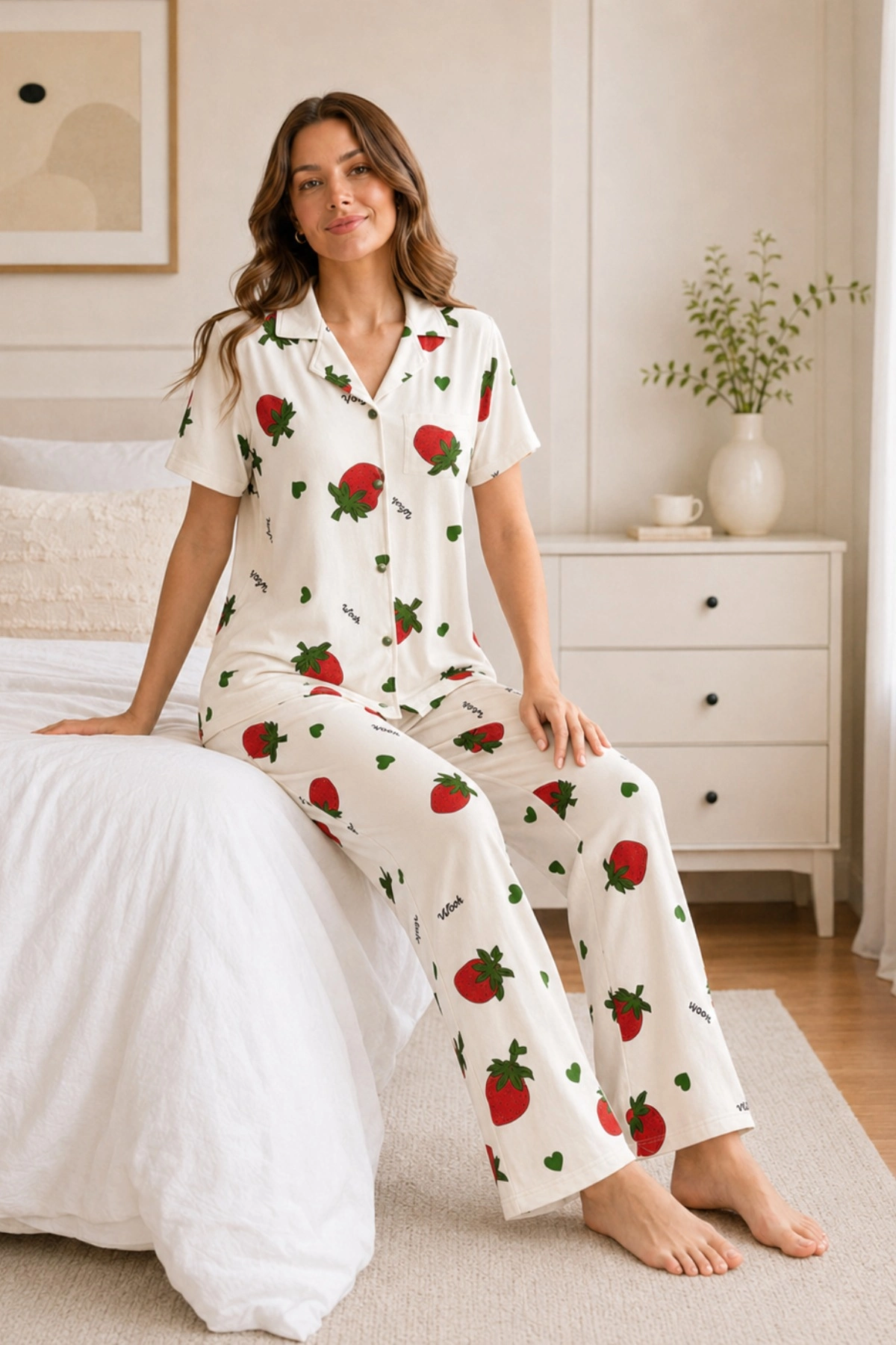 Ekru Çilek Desenli Kısa Kollu Gömlek Yaka Milan Kumaş Kadın Pijama Takımı Ekru Çilek Desenli Kısa Kollu Gömlek Yaka Milan Kumaş Kadın Pijama Takımı