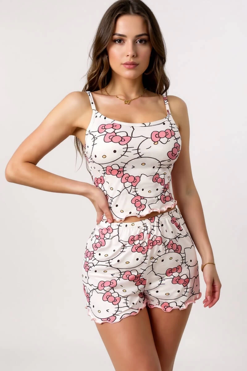 Hello Kitty Baskılı Askılı Şortlu Pijama Takımı Hello Kitty Baskılı Askılı Şortlu Pijama Takımı