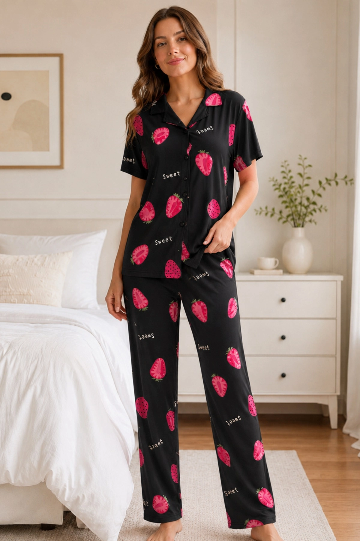 Siyah Çilek Desenli Kısa Kollu Gömlek Yaka Milan Kumaş Kadın Pijama Takımı Siyah Çilek Desenli Kısa Kollu Gömlek Yaka Milan Kumaş Kadın Pijama Takımı
