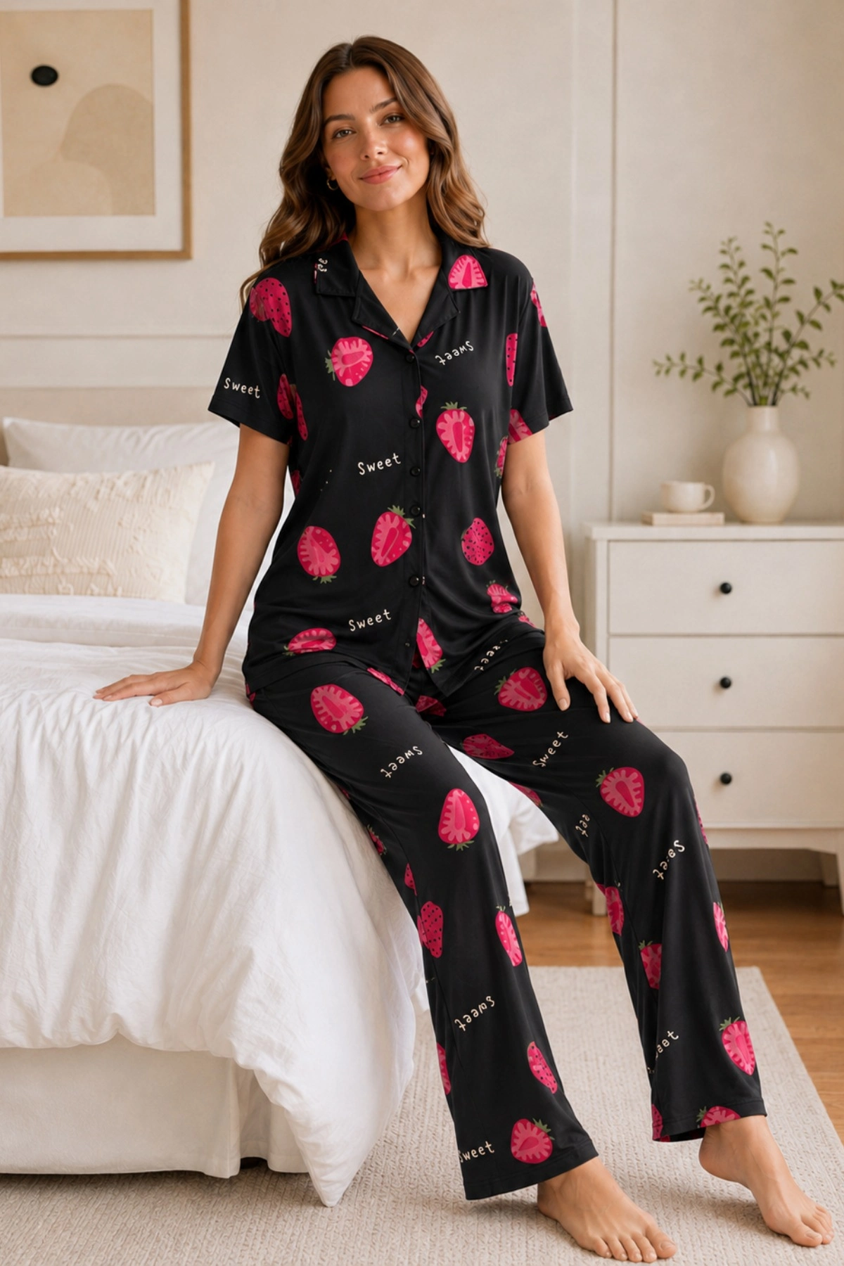 Siyah Çilek Desenli Kısa Kollu Gömlek Yaka Milan Kumaş Kadın Pijama Takımı Siyah Çilek Desenli Kısa Kollu Gömlek Yaka Milan Kumaş Kadın Pijama Takımı