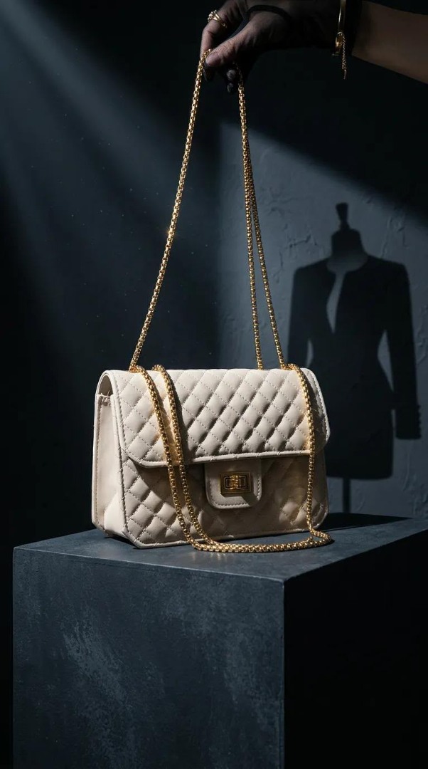 Krem Kapitone Suni Deri Gold Zincirli Omuz Çanta 23×16 cm - Bayi Depom