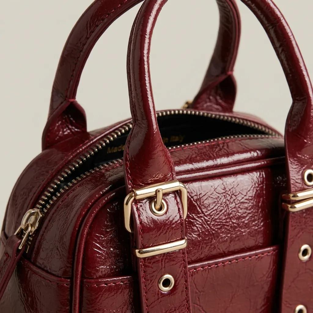 Mini Bordo Parlak Rugan Görünümlü El ve Çapraz Askılı Kadın Çanta - Bayi Depom