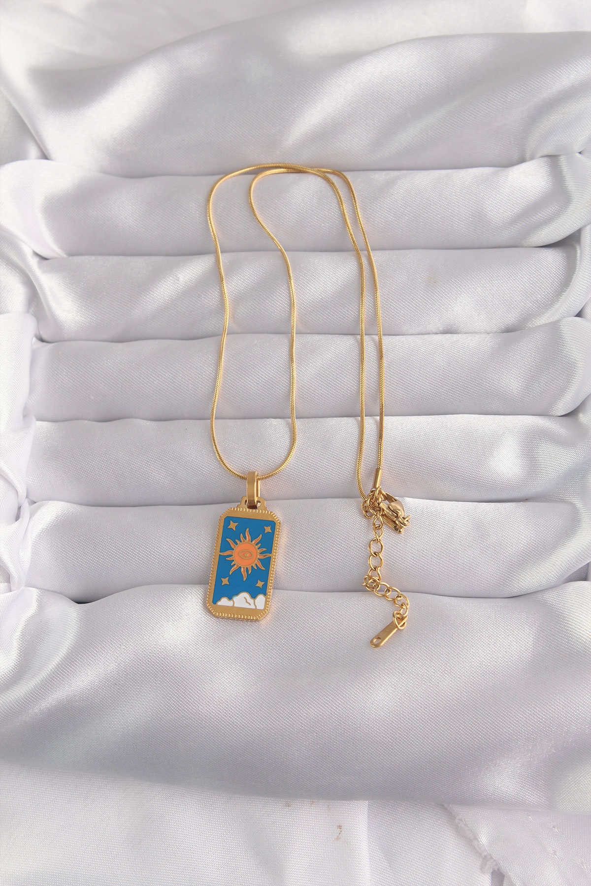 316L Çelik Gold Renk Mavi Mineli Güneş Model Tarot Kolye - Bayi Depom 316L Çelik Gold Renk Mavi Mineli Güneş Model Tarot Kolye - Bayi Depom