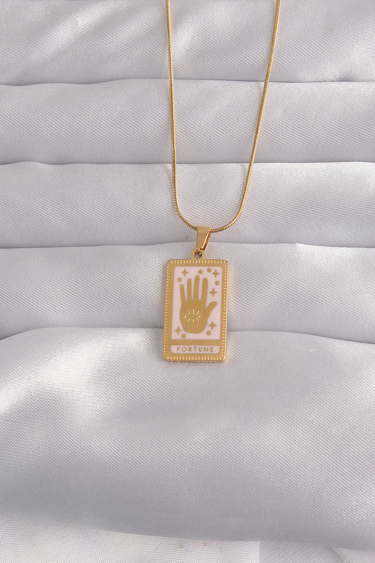 316L Çelik Gold Renk Pembe Mineli El Figür Tarot Kolye - Bayi Depom 316L Çelik Gold Renk Pembe Mineli El Figür Tarot Kolye - Bayi Depom