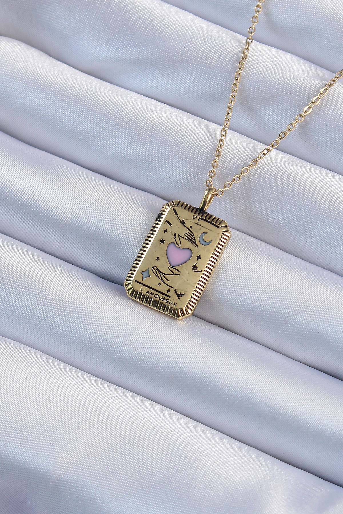 316L Çelik Zincir Eskitme Gold Renk Pembe Mineli Kalp Figürlü Tarot Kolye - Bayi Depom 316L Çelik Zincir Eskitme Gold Renk Pembe Mineli Kalp Figürlü Tarot Kolye - Bayi Depom