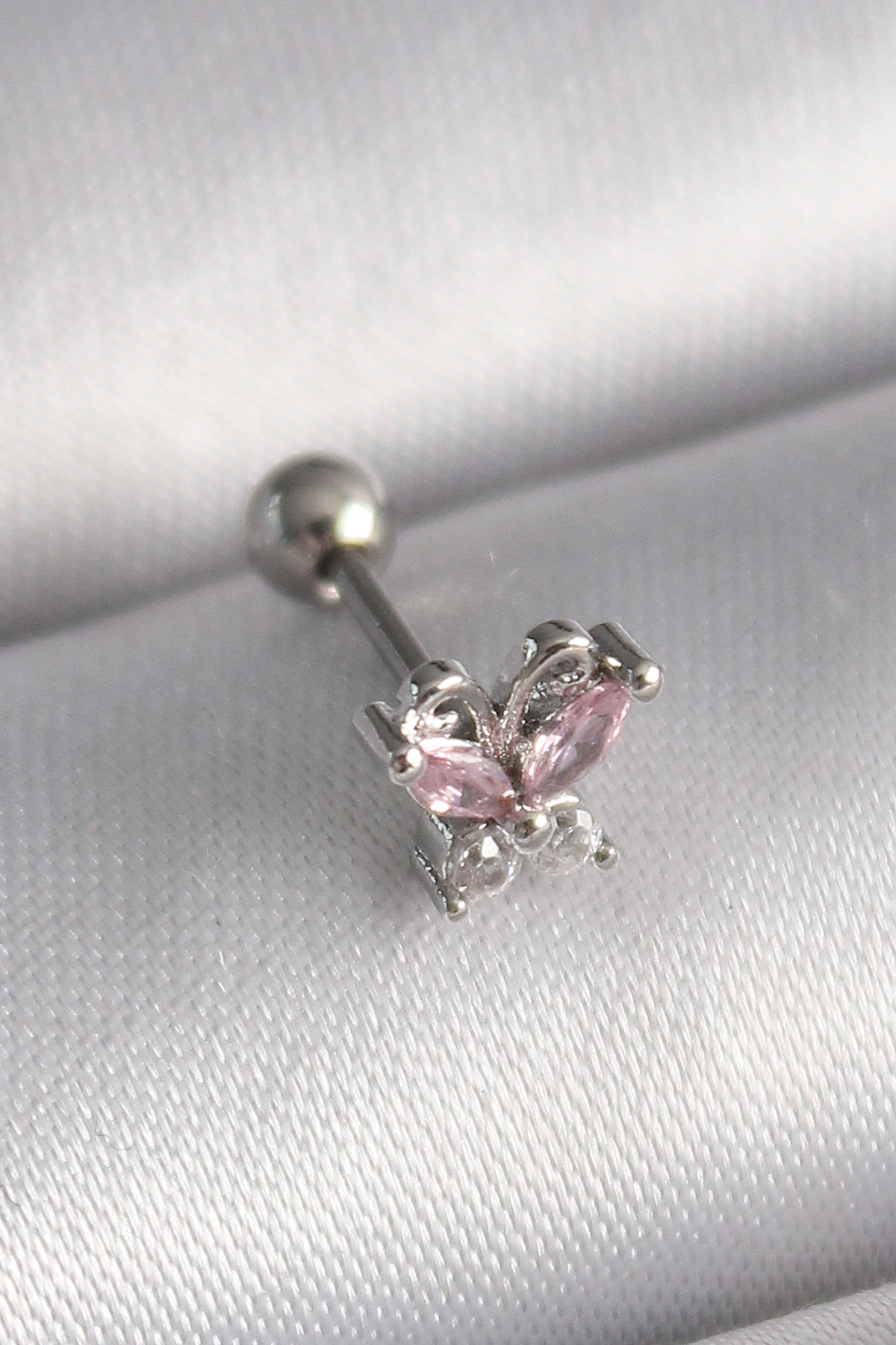 316L Çelik Gümüş Renk Pembe Zirkon Taşlı Kelebek Tragus Piercing - Bayi Depom 316L Çelik Gümüş Renk Pembe Zirkon Taşlı Kelebek Tragus Piercing - Bayi Depom