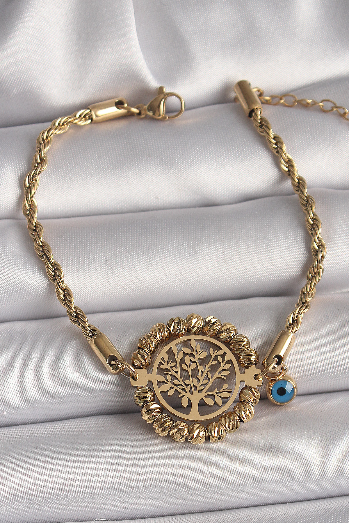 316L Çelik Gold Renk Burgu Zincir Model Dorika Yaşam Ağacı Figür Nazar Boncuk Detay Kadın Bileklik - Bayi Depom 316L Çelik Gold Renk Burgu Zincir Model Dorika Yaşam Ağacı Figür Nazar Boncuk Detay Kadın Bileklik - Bayi Depom