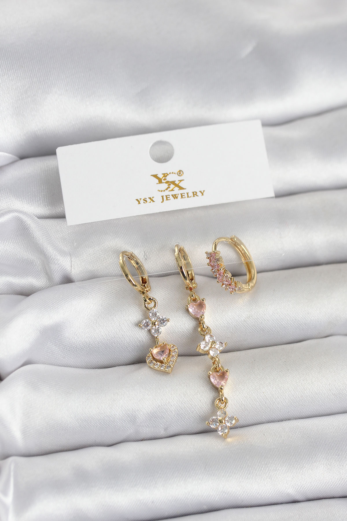 Pirinç Gold Renk Pembe Zirkon Taşlı 3'lü Kadın Küpe - Bayi Depom Pirinç Gold Renk Pembe Zirkon Taşlı 3'lü Kadın Küpe - Bayi Depom