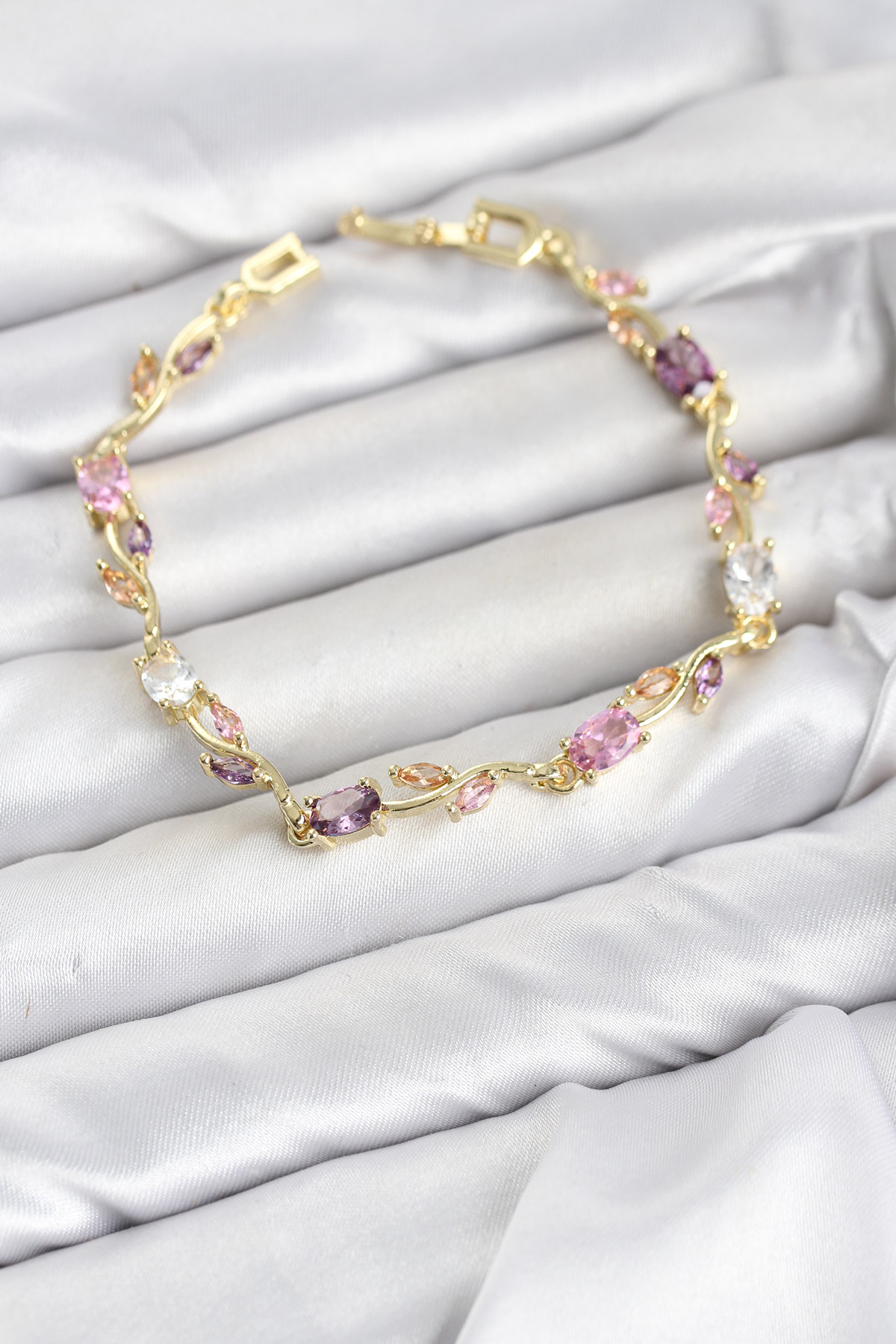 Pirinç Gold Renk Pembe ve Mor Zirkon Taşlı Çiçek Model Kadın Bileklik - Bayi Depom Pirinç Gold Renk Pembe ve Mor Zirkon Taşlı Çiçek Model Kadın Bileklik - Bayi Depom