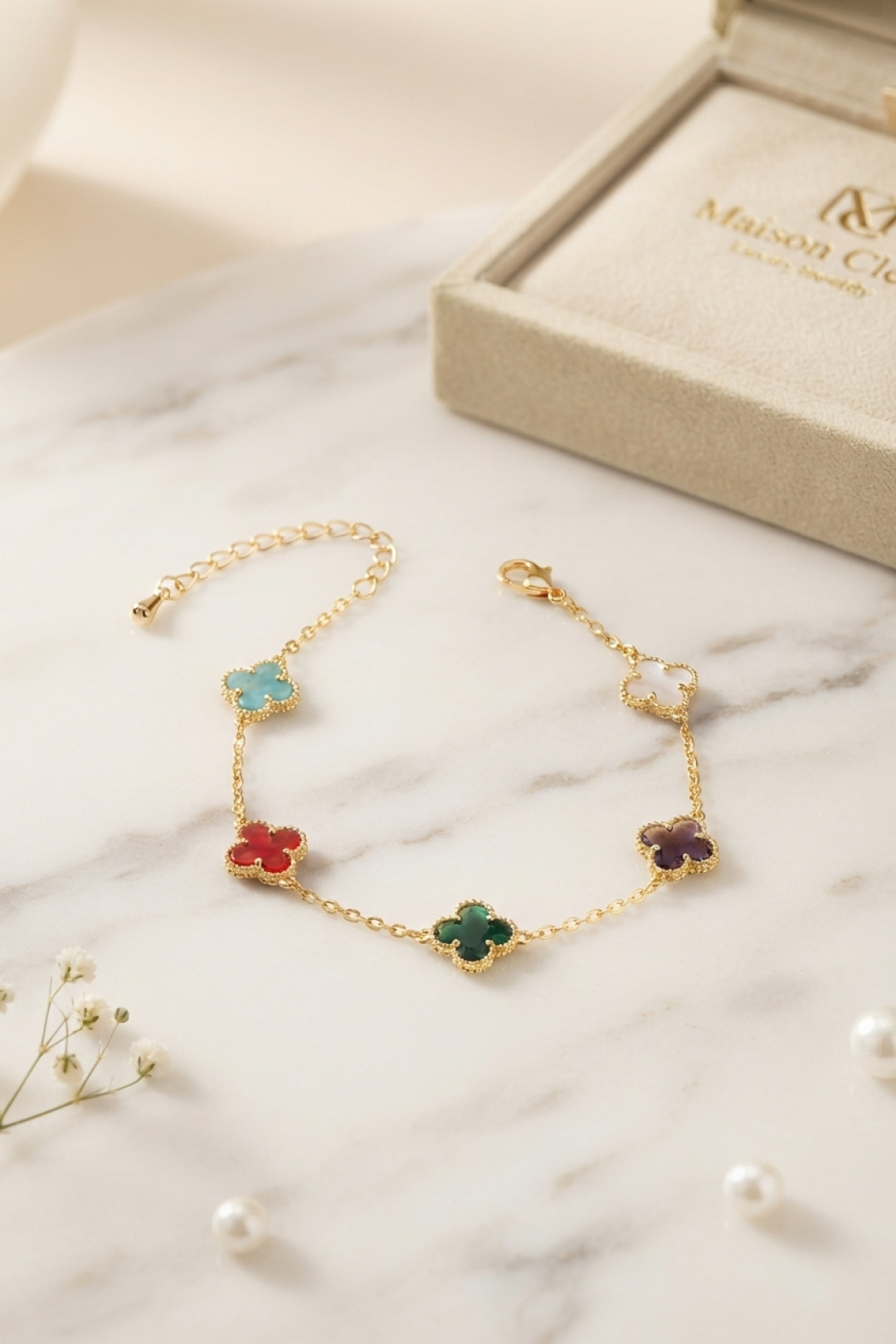 Renkli Kristal Taşlı Gold Renk Yonca Model Kadın Bileklik - Bayi Depom Renkli Kristal Taşlı Gold Renk Yonca Model Kadın Bileklik - Bayi Depom