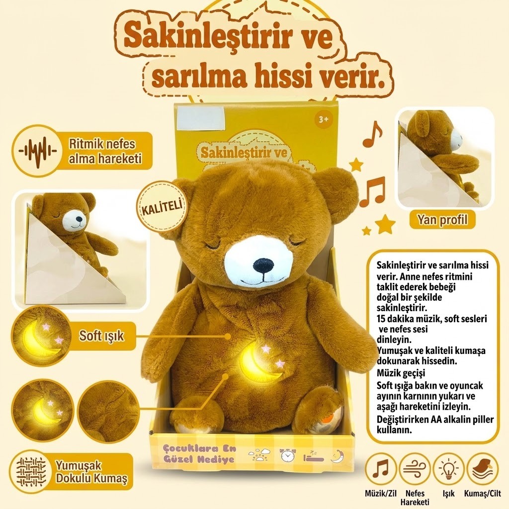Nefes Alan Işıklı ve Müzikli Uyku Arkadaşı Peluş Ayı - Sakinleştirici Bebek Oyuncağı (Bayi Depom)