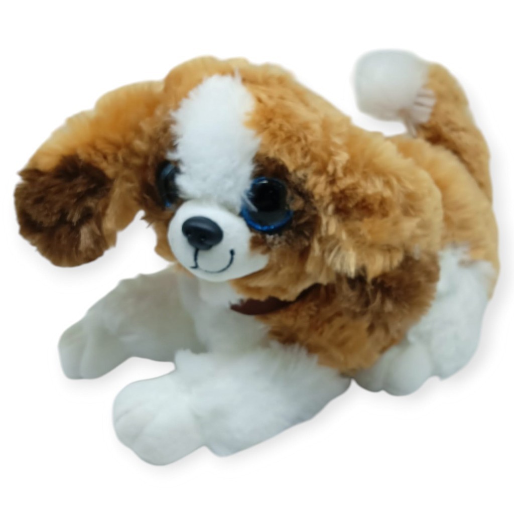 Sesli Peluş Yatan Köpek 25 cm - Kahve Beyaz (Bayi Depom)