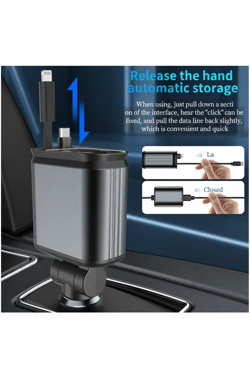 4’ü 1 Arada Araç Çakmaklık Şarj Cihazı 66W Type-C Hızlı Şarj Çift USB Telefon Şarj Geri Çekilebilir Kablo ( Bayi Depom ) 4’ü 1 Arada Araç Çakmaklık Şarj Cihazı 66W Type-C Hızlı Şarj Çift USB Telefon Şarj Geri Çekilebilir Kablo ( Bayi Depom )