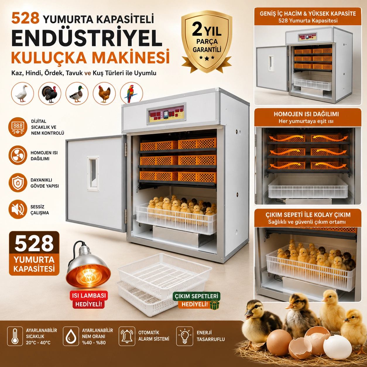 528 Yumurta Kapasiteli Endüstriyel Kuluçka Makinesi - 3 Çeşit Viyollu, Çıkım Sepetli + Isı Lambası Hediyeli ( Bayi Depom ) 528 Yumurta Kapasiteli Endüstriyel Kuluçka Makinesi - 3 Çeşit Viyollu, Çıkım Sepetli + Isı Lambası Hediyeli ( Bayi Depom )