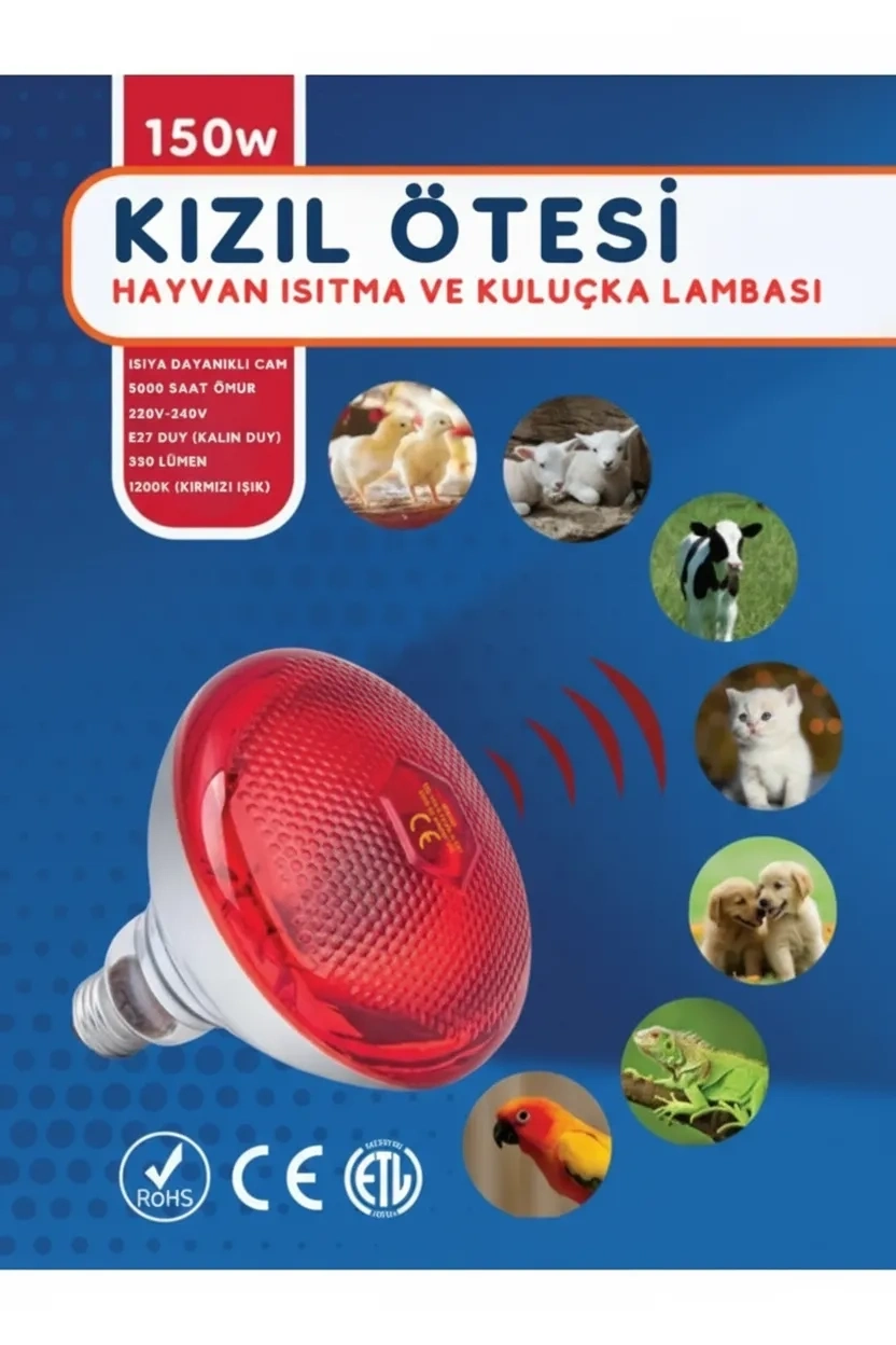 (6 Adet) 150W Kızılötesi Isıtıcılı Hayvan Isıtma ve Kuluçka Lambası (Kırmızı Işık) E27 (Kalın Duy) ( Bayi Depom )