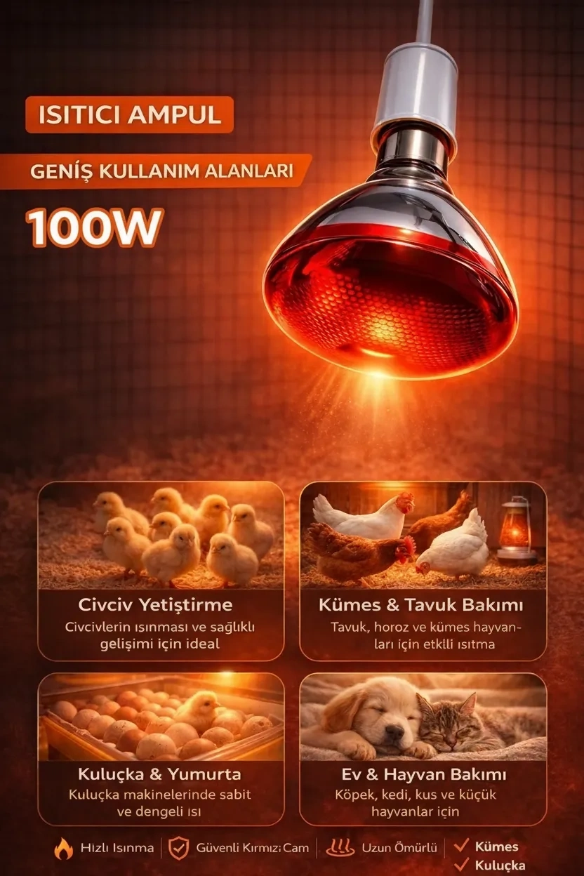 100W Isıtıcı Ampul Kırmızı Isı Lambası Civciv Kümes Kuluçka E27 Duy Isıtma Ampulü ( Bayi Depom )