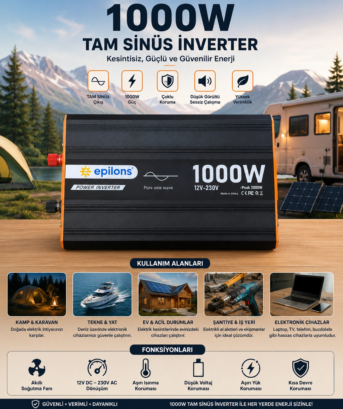 1000W Tam Sinüs İnverter 12V AC Çevirici | Sessiz Fanlı, USB Çıkışlı, Araç Karavan Tekne Solar Uyumlu Güç İnverteri ( Bayi Depom ) 1000W Tam Sinüs İnverter 12V AC Çevirici | Sessiz Fanlı, USB Çıkışlı, Araç Karavan Tekne Solar Uyumlu Güç İnverteri ( Bayi Depom )