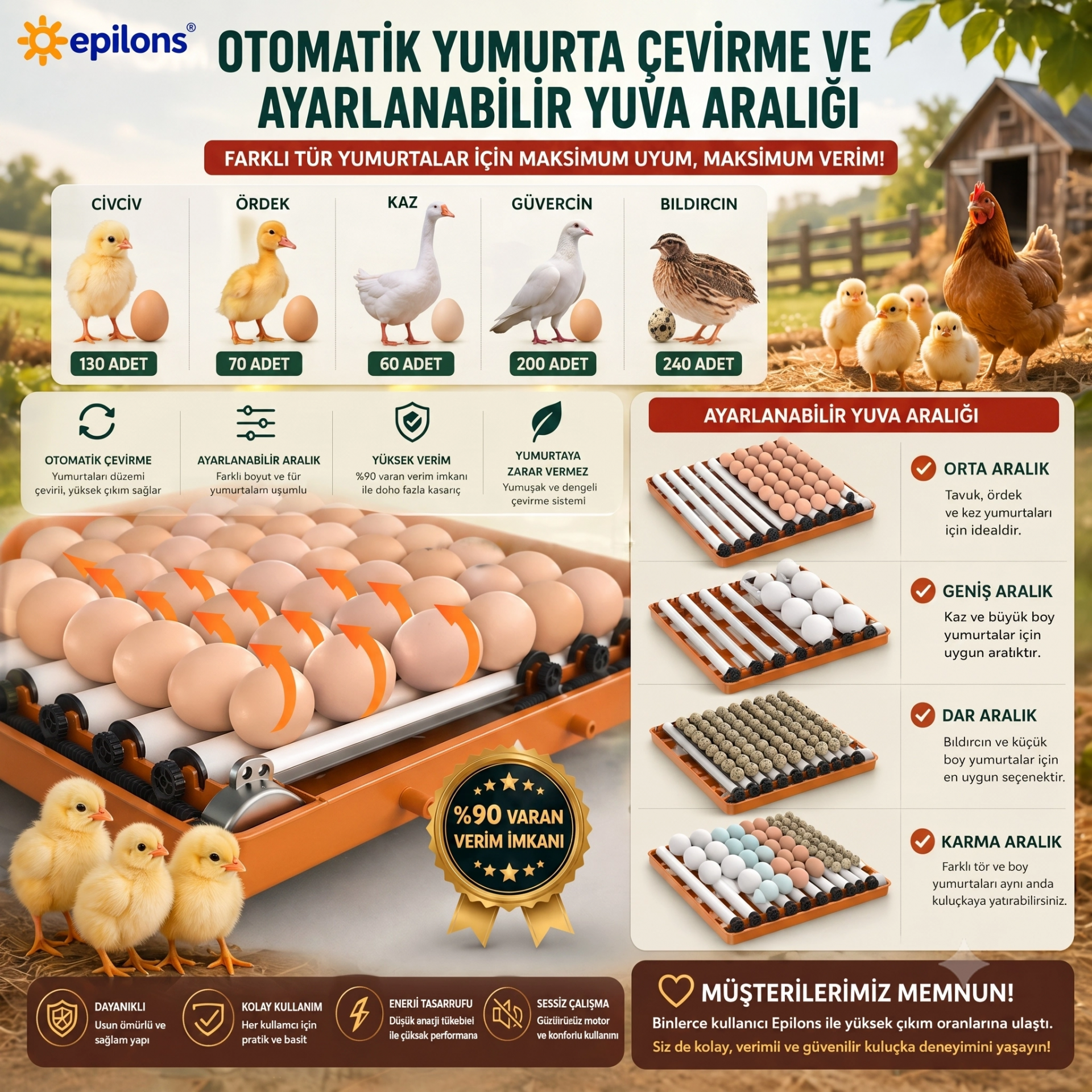 Tam Otomatik Kuluçka Makinesi 130 Yumurta Kapasiteli - Akıllı Isı ve Nem Kontrollü, Ayarlanabilir Viyol, Otomatik Su Sistemli ( Bayi Depom )