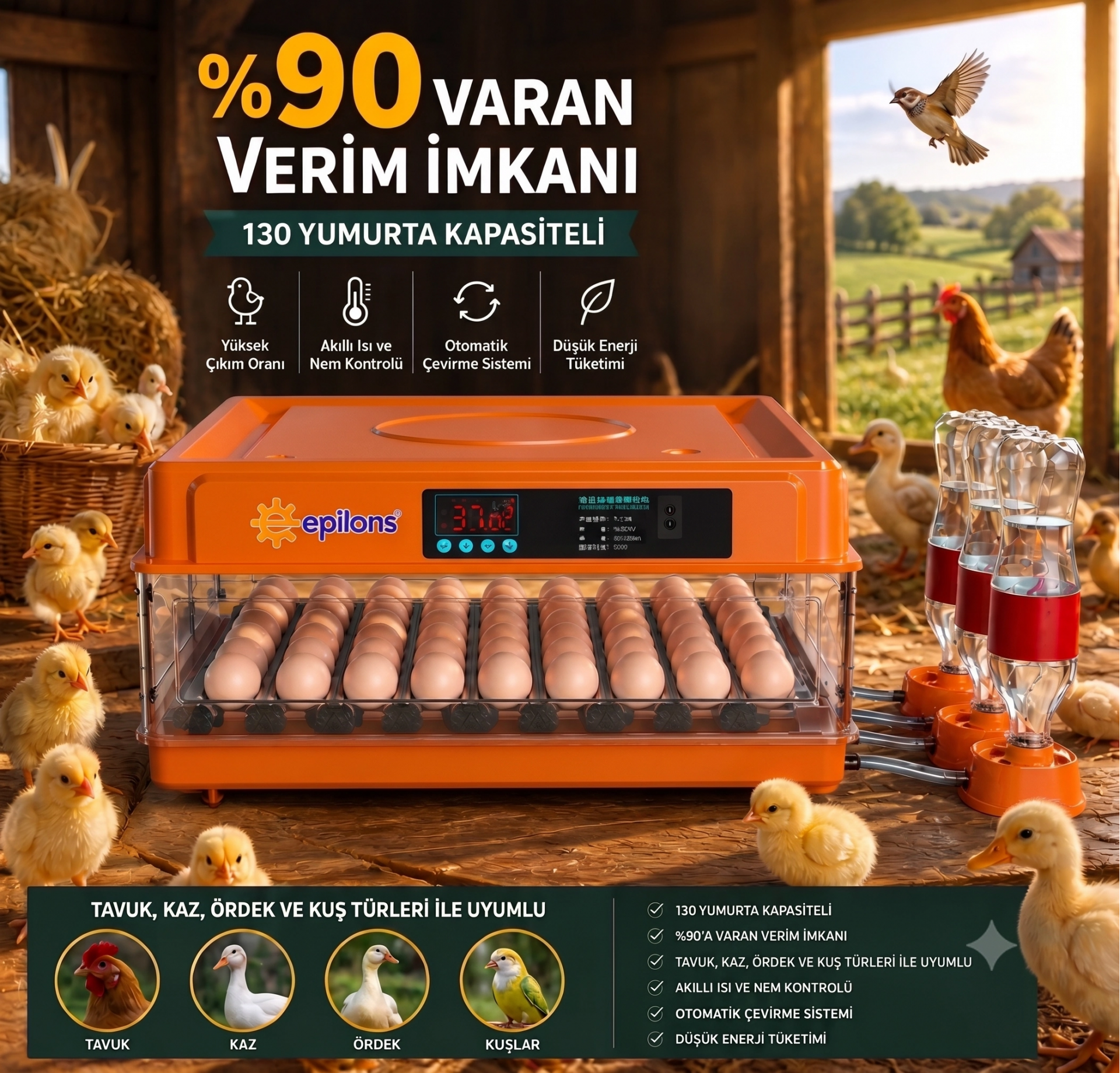 Tam Otomatik Kuluçka Makinesi 130 Yumurta Kapasiteli - Akıllı Isı ve Nem Kontrollü, Ayarlanabilir Viyol, Otomatik Su Sistemli ( Bayi Depom ) Tam Otomatik Kuluçka Makinesi 130 Yumurta Kapasiteli - Akıllı Isı ve Nem Kontrollü, Ayarlanabilir Viyol, Otomatik Su Sistemli ( Bayi Depom )