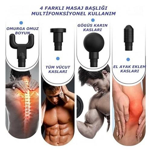 Darbeli Titreşimli Tabanca Masaj Aleti Kas Rahatlatıcı 4 Başlıklı Şarjlı Göbek Eritme Cihazı Zayıflama ve Selülit Giderme ( Bayi Depom )