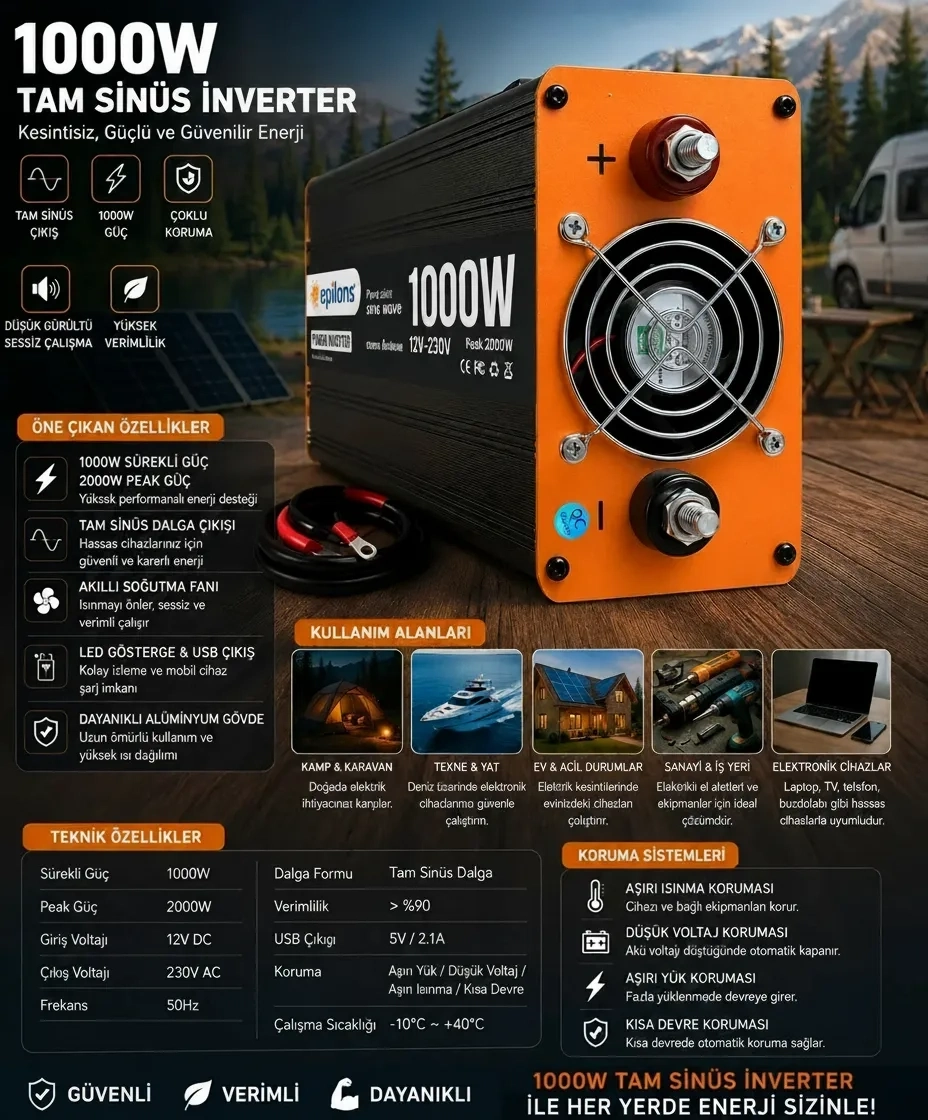 Bayi Depom 1000W Tam Sinüs İnverter 12V DC 220V AC Çevirici USB Çıkışlı Araç Karavan Solar Güç Dönüştürücü ( Bayi Depom ) Bayi Depom 1000W Tam Sinüs İnverter 12V DC 220V AC Çevirici USB Çıkışlı Araç Karavan Solar Güç Dönüştürücü ( Bayi Depom )