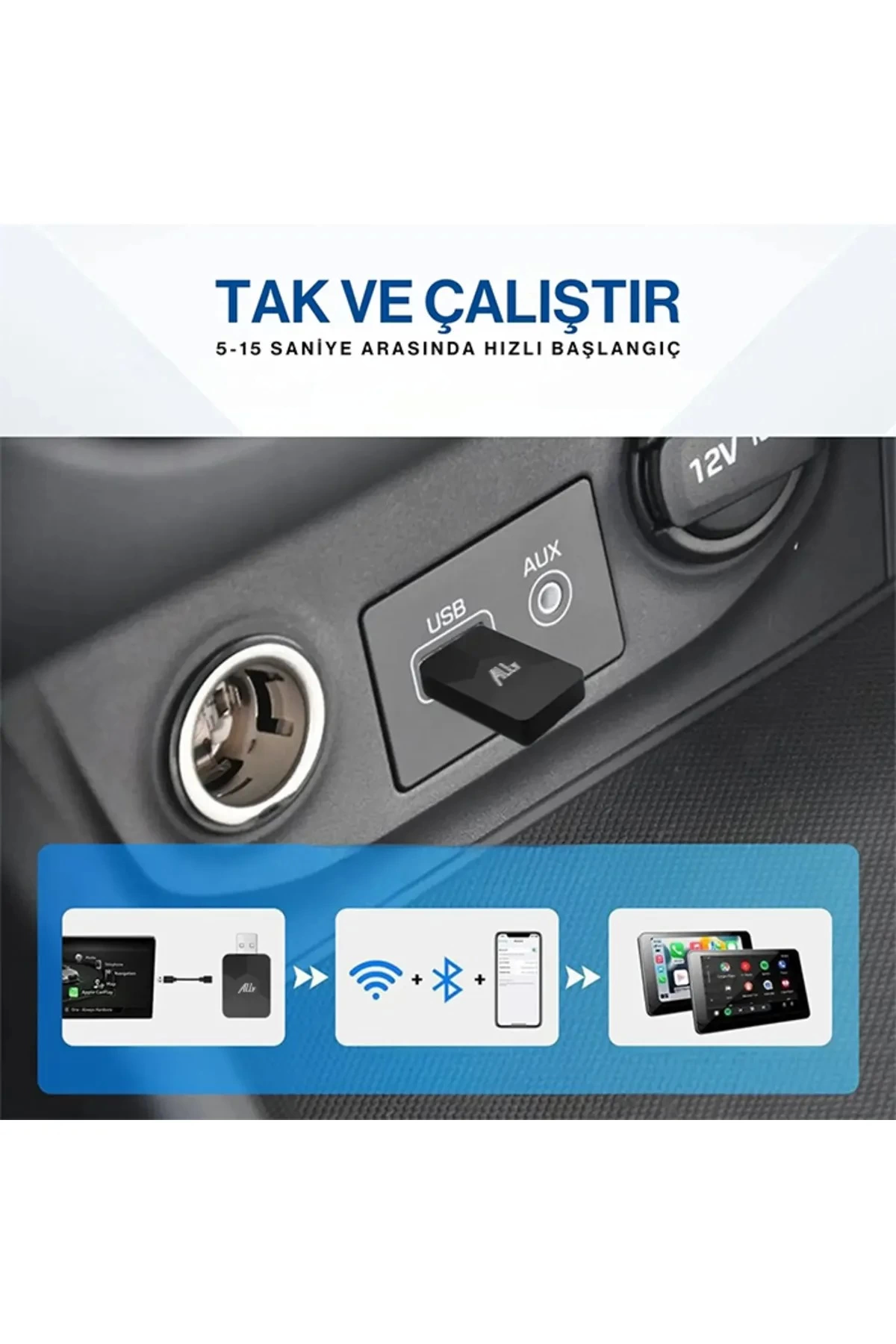Kablosuz CarPlay & Android Auto Adaptörü - Apple ve Android Cihazlar İçin Evrensel Wireless Carplay Çevirici ( Bayi Depom )