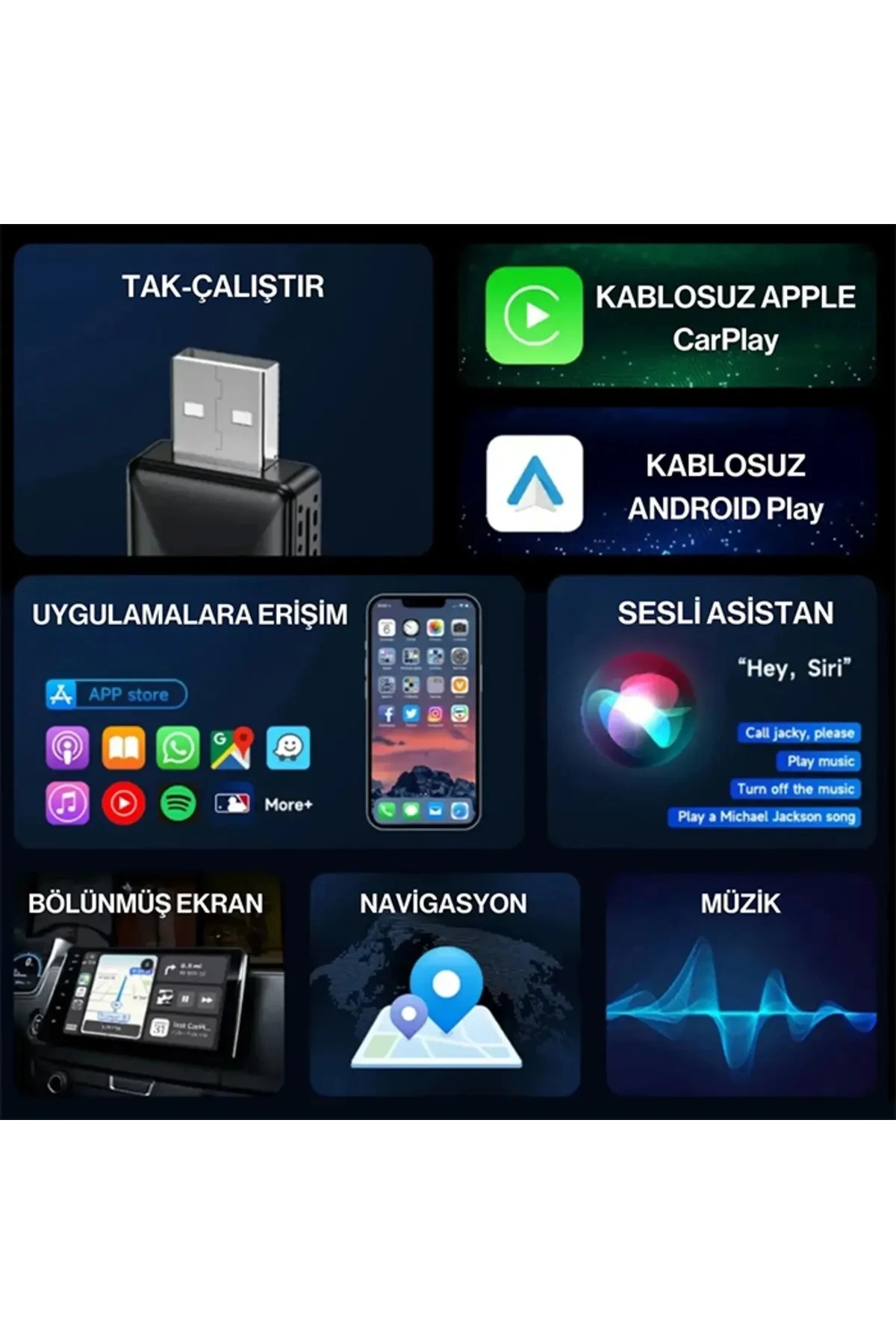 Kablosuz CarPlay & Android Auto Adaptörü - Apple ve Android Cihazlar İçin Evrensel Wireless Carplay Çevirici ( Bayi Depom )