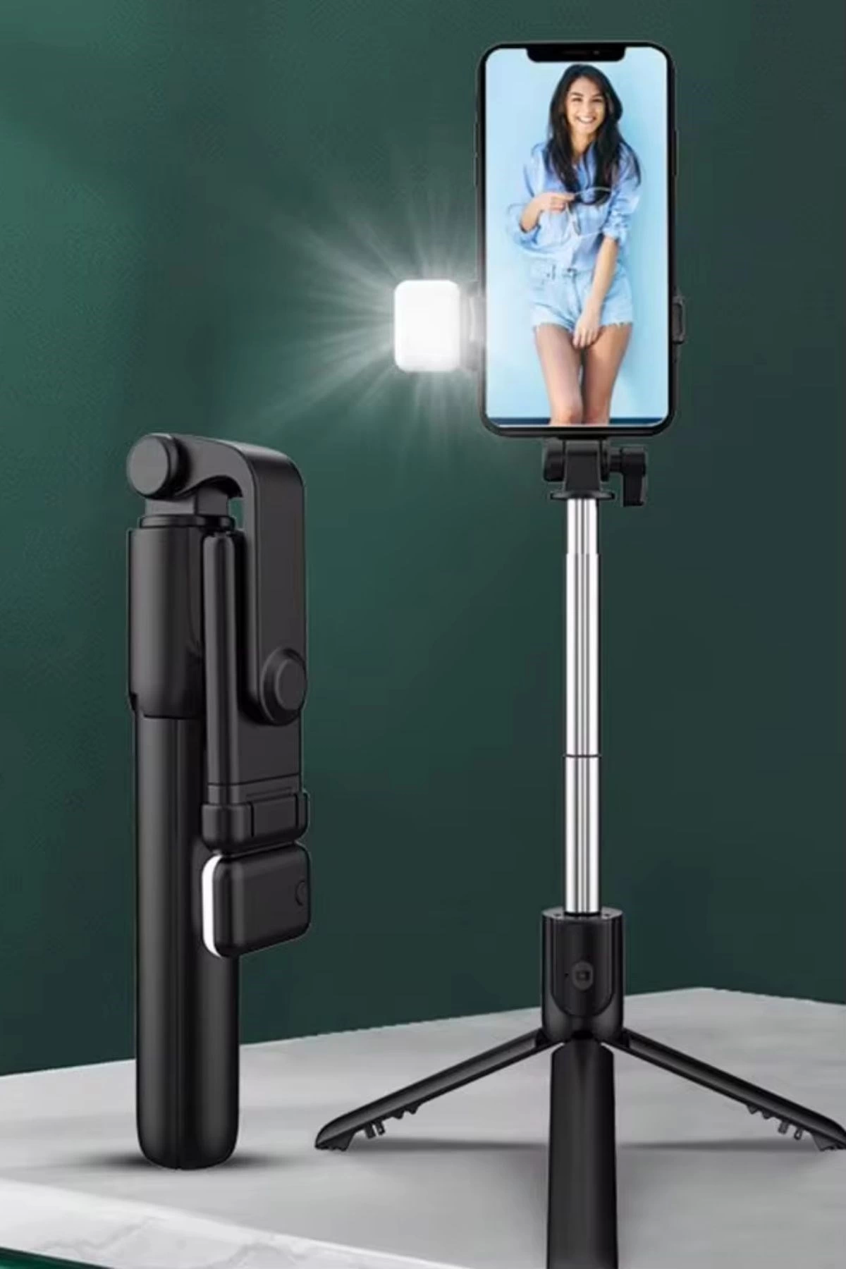 Kendiliğinden Led Işıklı Kumandalı Uzayabilen Selfie Çubuğu,masa Üstü Tripod ( Bayi Depom )