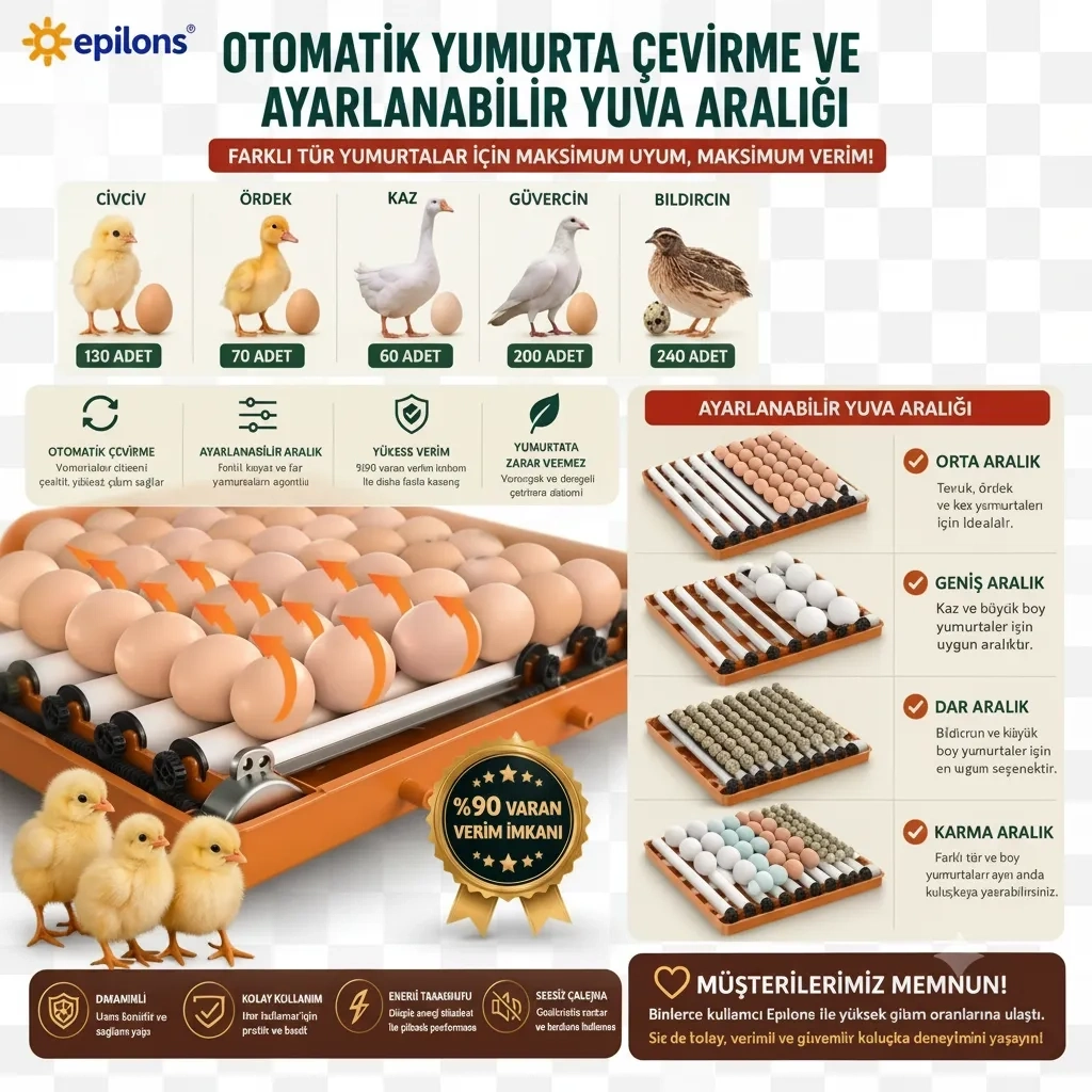 Tam Otomatik Kuluçka Makinesi 130 Yumurta Kapasiteli | Akıllı Isı ve Nem Kontrolü | Otomatik Yumurta Çevirme | Otomatik Su Sistemi | Ayarlanabilir Viyol ( Bayi Depom )